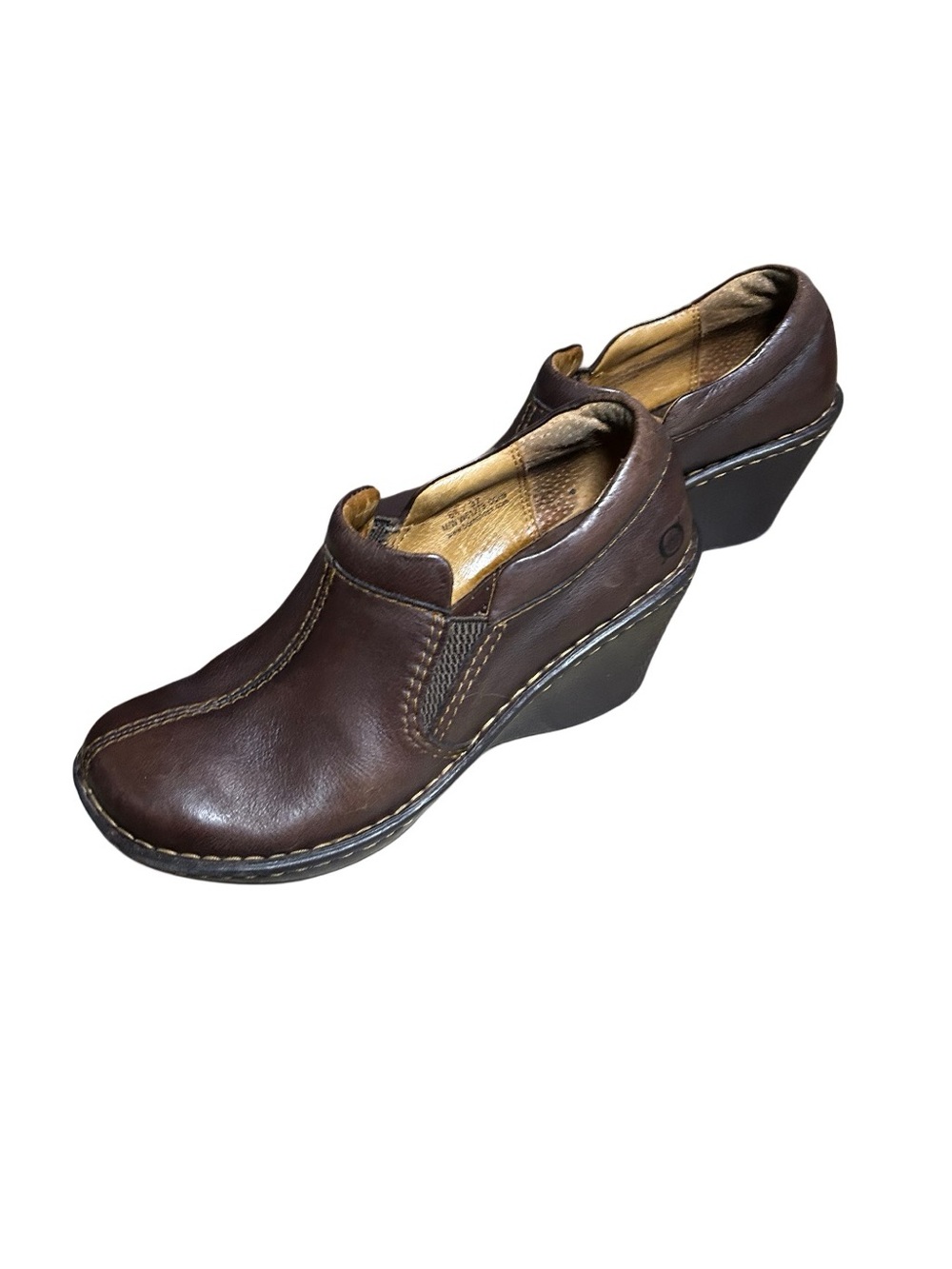 Born Brown Leather Comfort Wedge Clogs Slip On Loafers Shoes M / W Size 6.5 / 37 - Picture 3 of 7